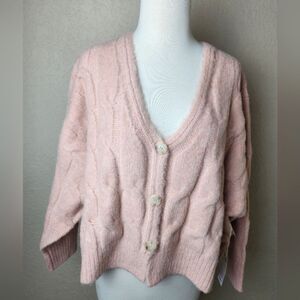 Lucca Cable Knit Long Sleeve Sweater Cardigan Pink Size M